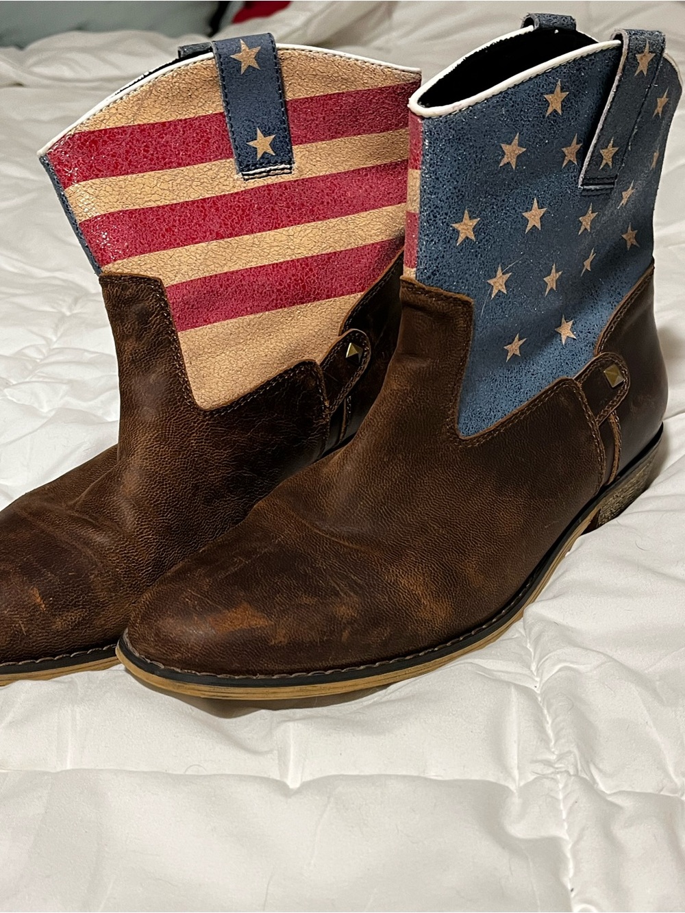 Women's Brown Leather Western Booties with Patriotic Star & Stripe Shaft